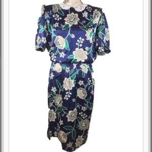 Vintage dress blue floral Polka Dots midi